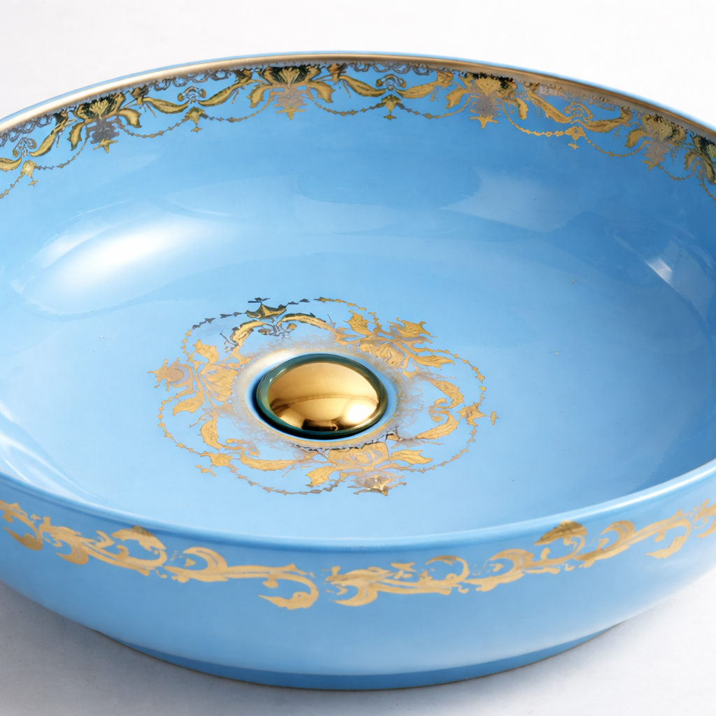 Lavoar chiuveta baie pe blat BisDesign ceramica albastru cu decor auriu oval [8]