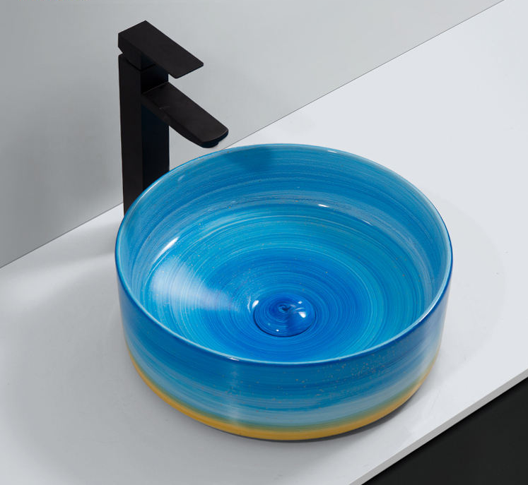 Lavoar chiuveta baie pe blat BisDesign ceramica albastru artistic rotund [3]