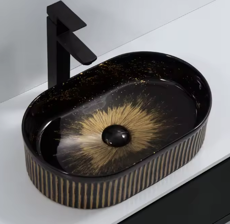 Lavoar chiuveta baie pe blat BisDesign ceramica negru decor auriu oval [2]