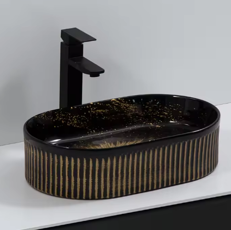 Lavoar chiuveta baie pe blat BisDesign ceramica negru decor auriu oval [3]