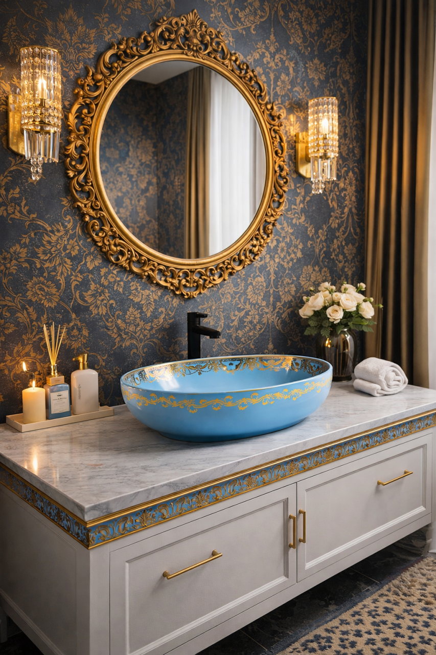 Lavoar chiuveta baie pe blat BisDesign ceramica albastru cu decor auriu oval [10]