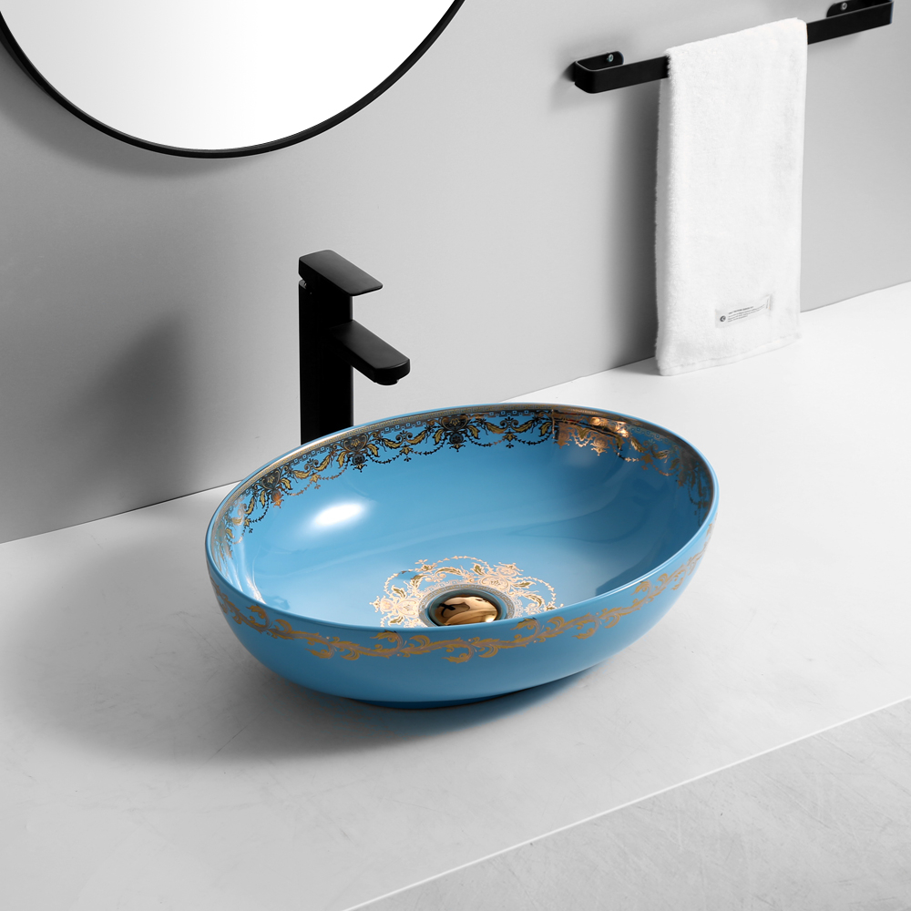 Lavoar chiuveta baie pe blat BisDesign ceramica albastru cu decor auriu oval [3]