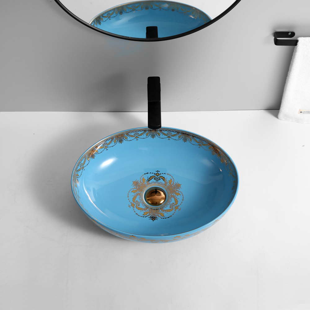 Lavoar chiuveta baie pe blat BisDesign ceramica albastru cu decor auriu oval [2]