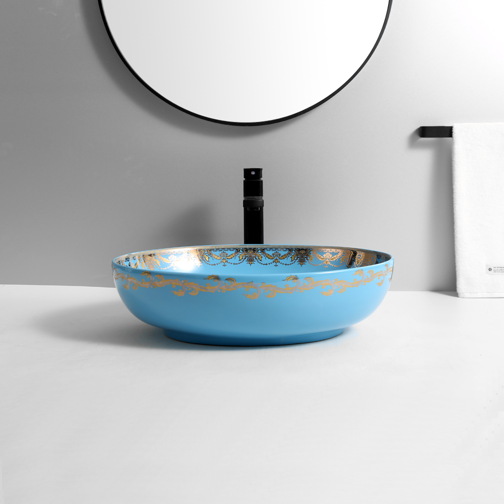 Lavoar chiuveta baie pe blat BisDesign ceramica albastru cu decor auriu oval [4]