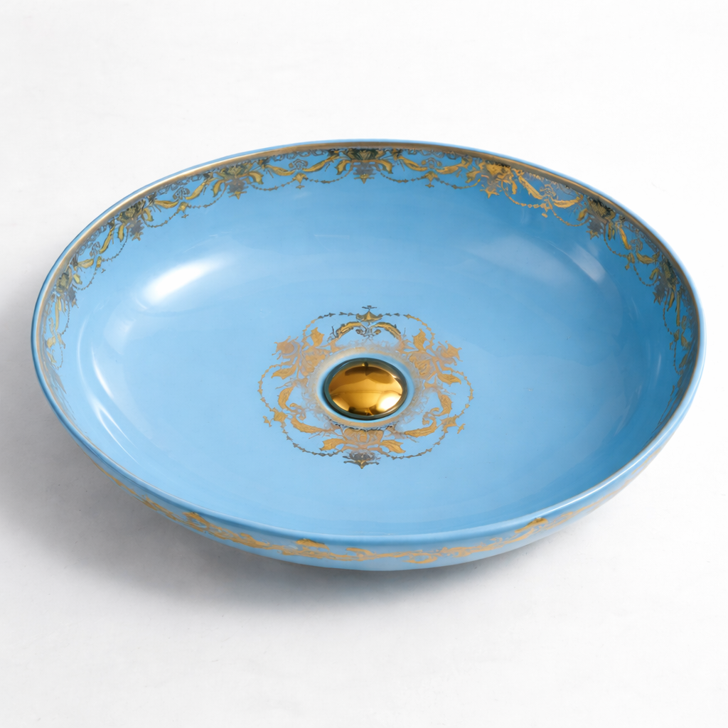 Lavoar chiuveta baie pe blat BisDesign ceramica albastru cu decor auriu oval [5]