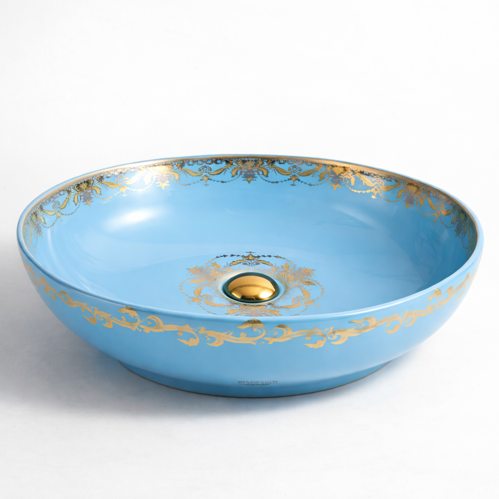 Lavoar chiuveta baie pe blat BisDesign ceramica albastru cu decor auriu oval [7]