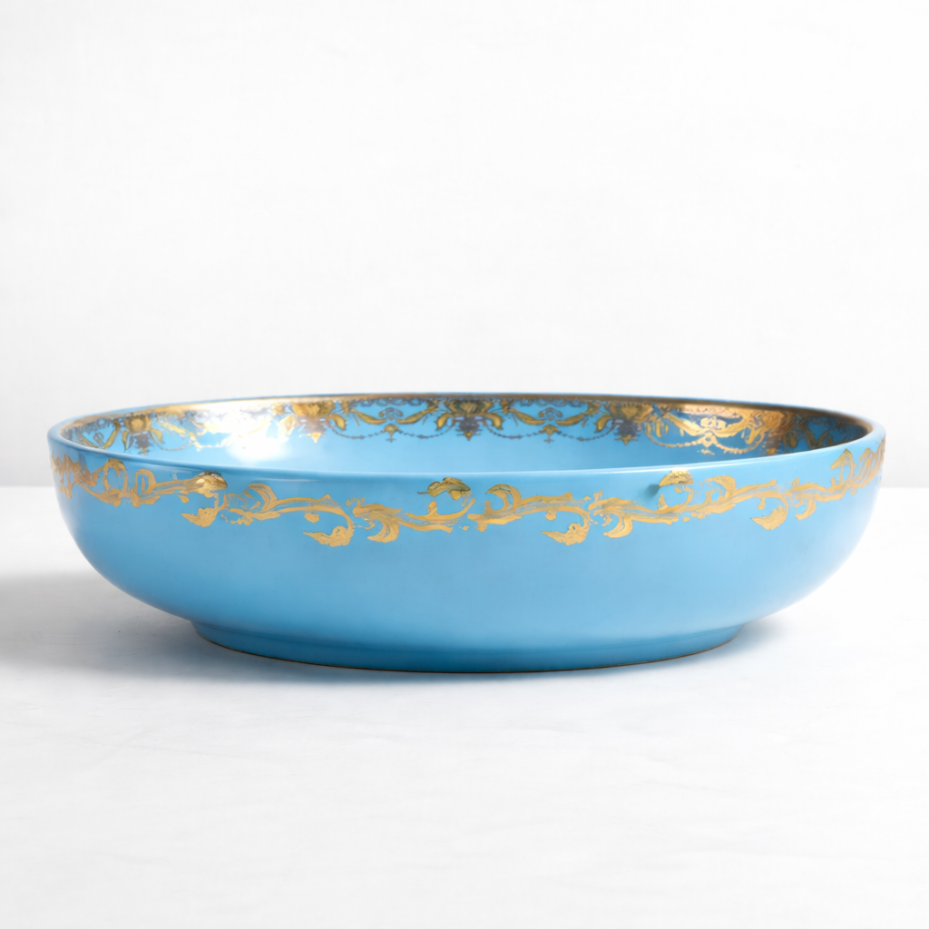 Lavoar chiuveta baie pe blat BisDesign ceramica albastru cu decor auriu oval [6]