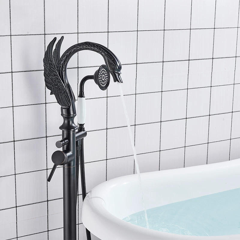 Baterie freestanding cadă tip lebădă negru mat cu mâner ceramic [4]
