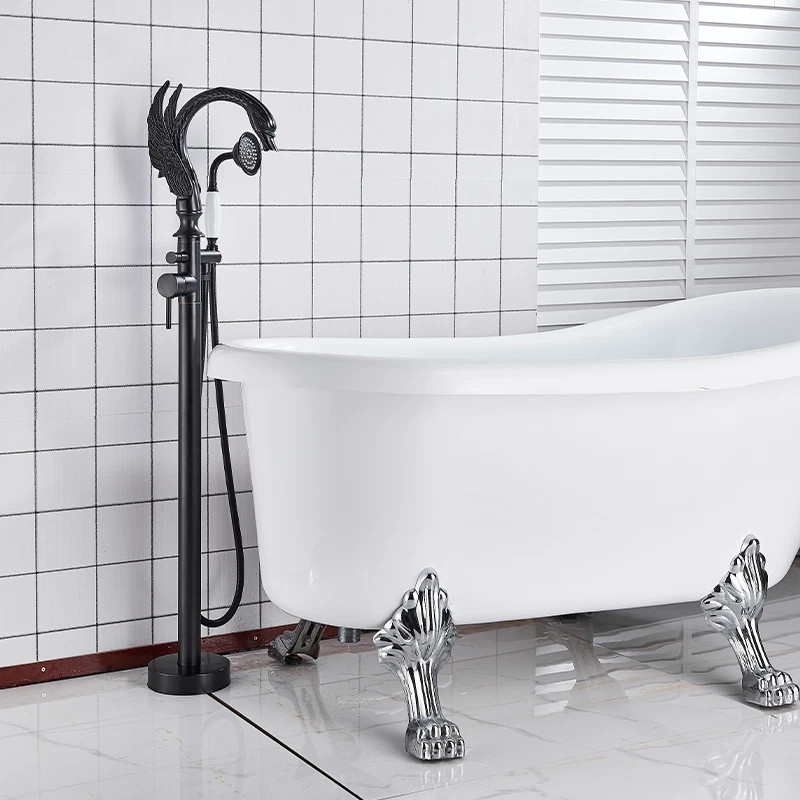 Baterie freestanding cadă tip lebădă negru mat cu mâner ceramic [6]
