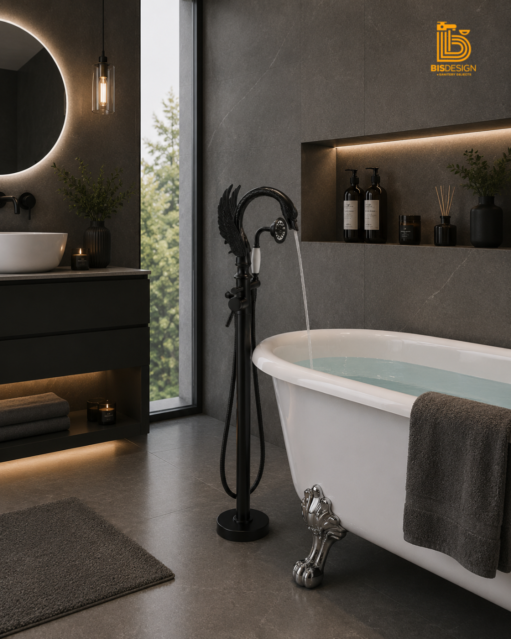 Baterie freestanding cadă tip lebădă negru mat cu mâner ceramic [2]