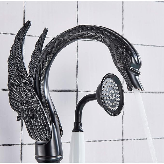 Baterie freestanding cadă tip lebădă negru mat cu mâner ceramic [5]