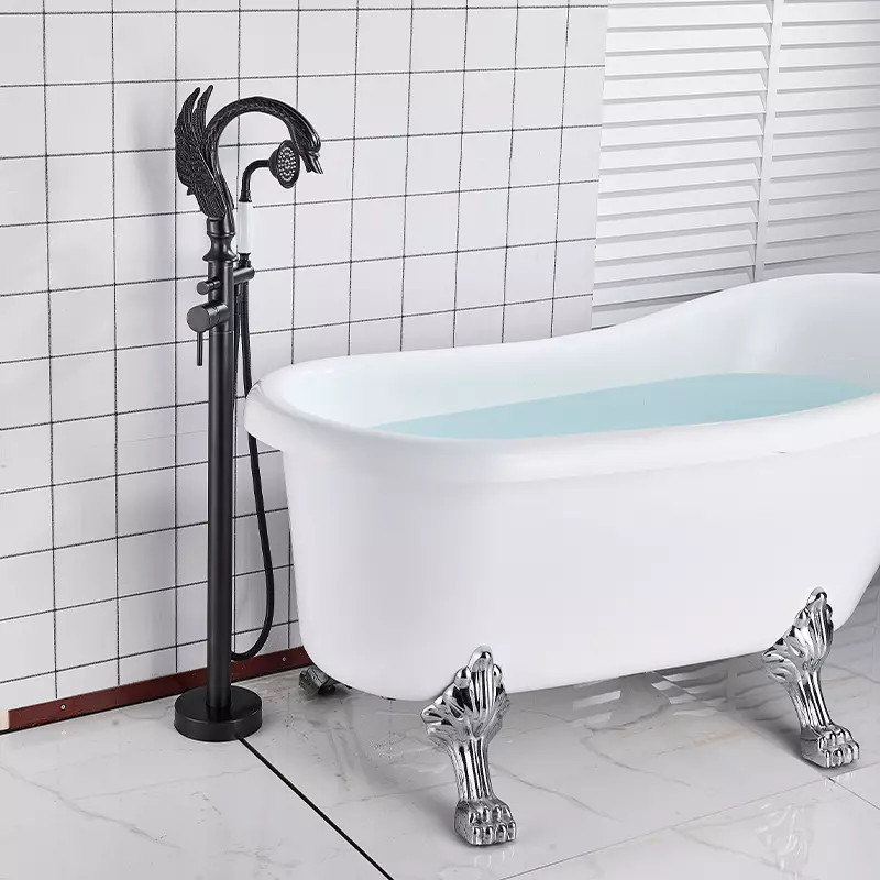 Baterie freestanding cadă tip lebădă negru mat cu mâner ceramic [2]