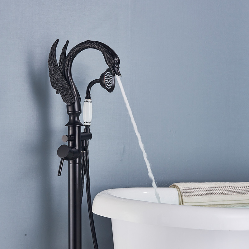 Baterie cadă freestanding tip lebădă negru mat cu mâner ceramic decorativ [3]