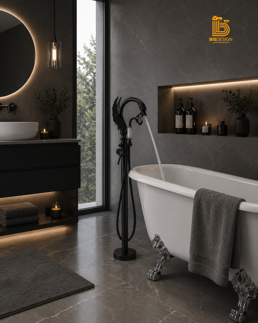 Baterie cadă freestanding tip lebădă negru mat cu mâner ceramic decorativ [2]