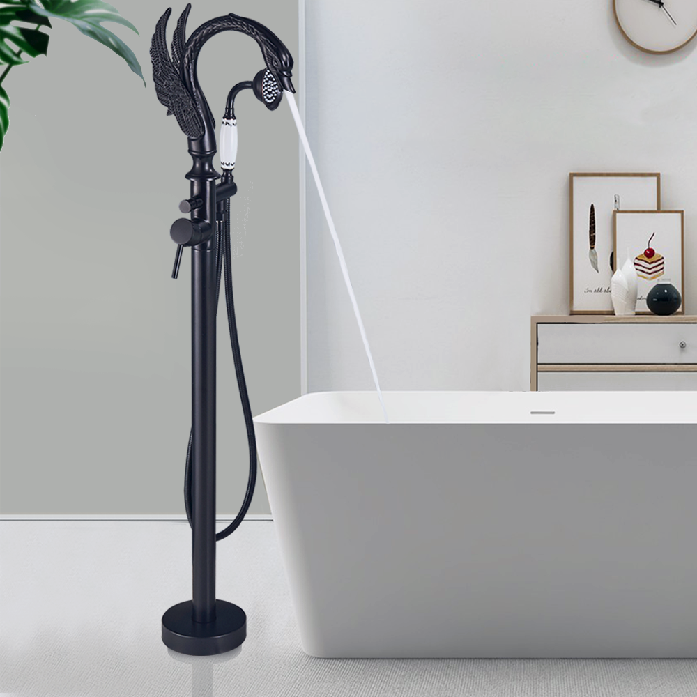 Baterie cadă freestanding tip lebădă negru mat cu mâner ceramic decorativ [2]
