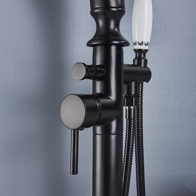 Baterie cadă freestanding tip lebădă negru mat cu mâner ceramic decorativ [6]