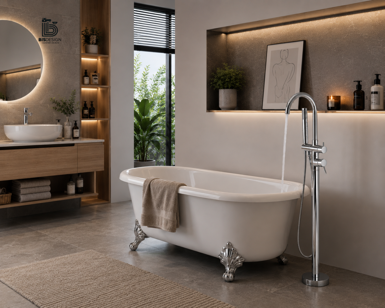 Baterie cadă freestanding crom lucios cu duș de mână și pipă pivotantă [2]