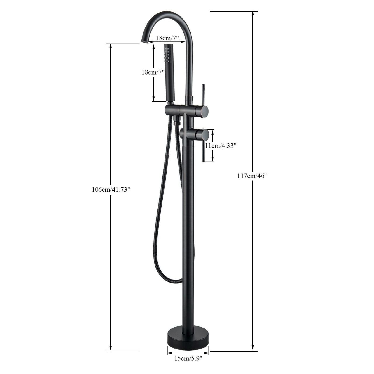 Baterie cadă freestanding negru/bronze 117 cm cu duș de mână [9]