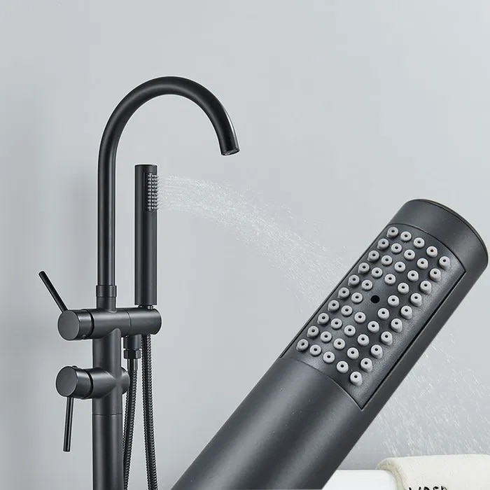 Baterie freestanding cada finisaj negru mat, montaj pe podea, cu pipă și duș de mână [4]
