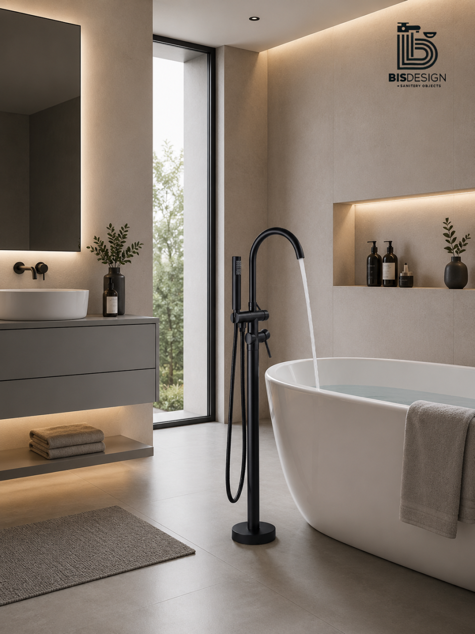 Baterie freestanding cada finisaj negru mat, montaj pe podea, cu pipă și duș de mână [2]