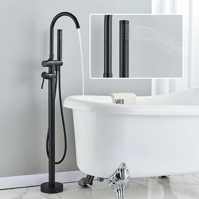 Baterie freestanding cada finisaj negru mat, montaj pe podea, cu pipă și duș de mână [3]
