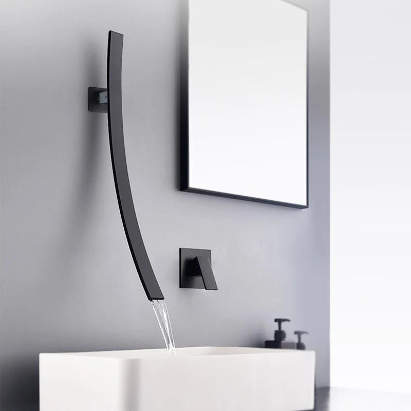 Baterie lavoar încastrabilă negru mat cu pipă cascadă minimalistă [2]