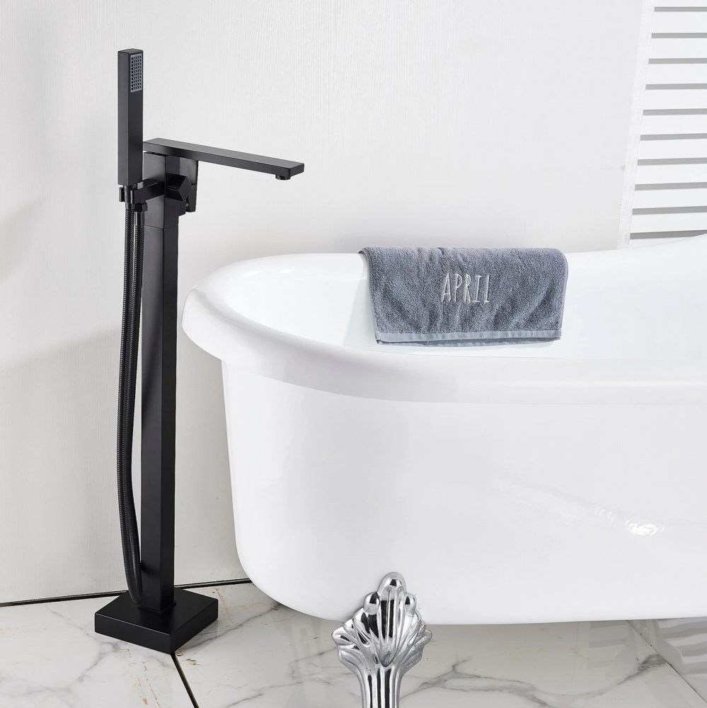 Baterie baie freestanding negru mat 84 cm cu pipă tip cascadă și design modern [3]