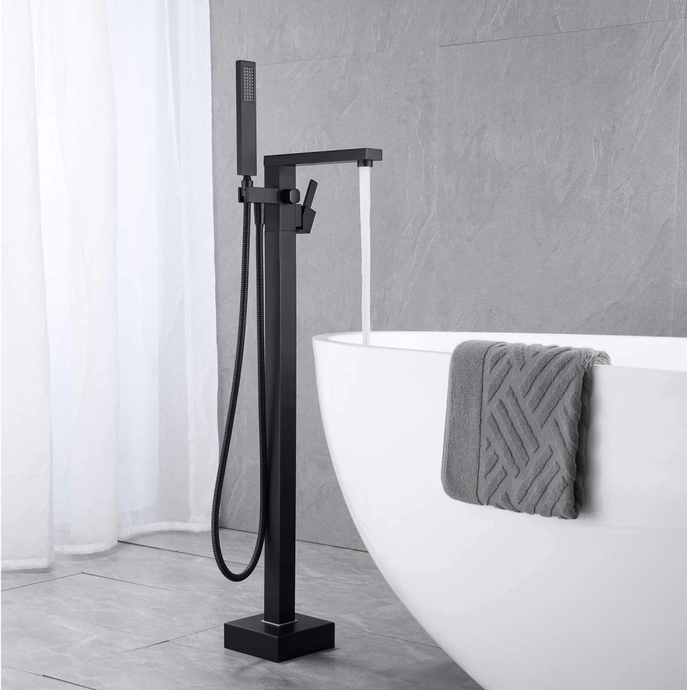 Baterie baie freestanding negru mat 84 cm cu pipă tip cascadă și design modern [2]