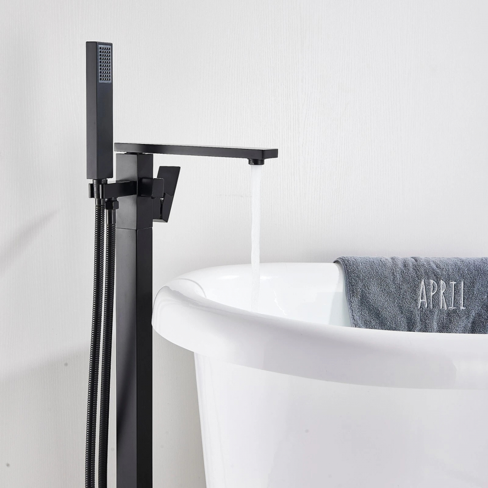 Baterie baie freestanding negru mat 84 cm cu pipă tip cascadă și design modern [7]