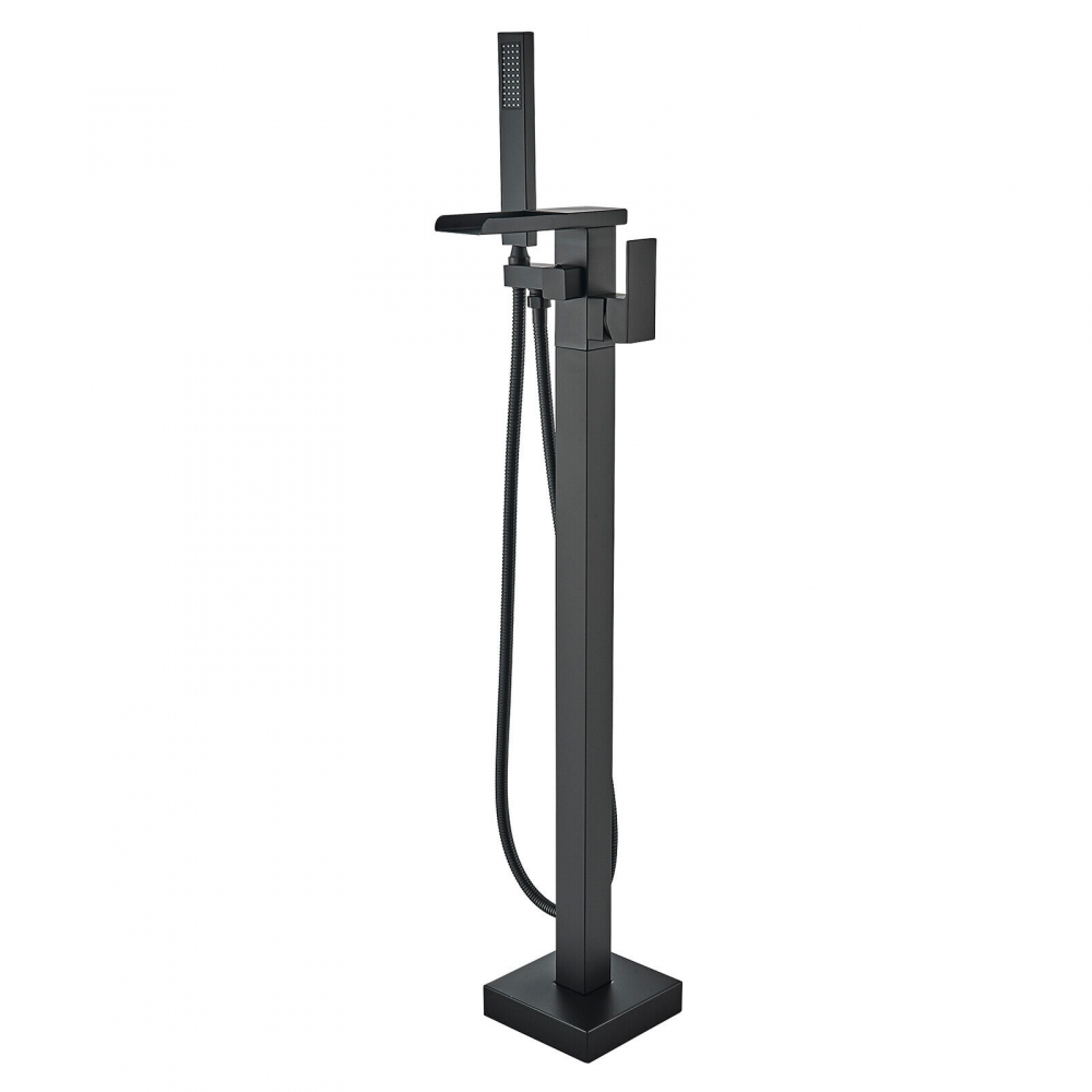 Baterie cadă freestanding negru mat 102 cm cu pipă cascadă și duș de mână [1]