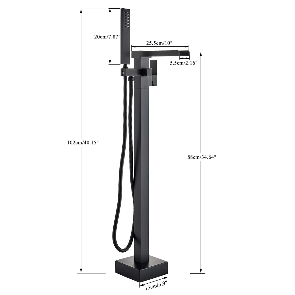 Baterie cadă freestanding negru mat 102 cm cu pipă cascadă și duș de mână [11]