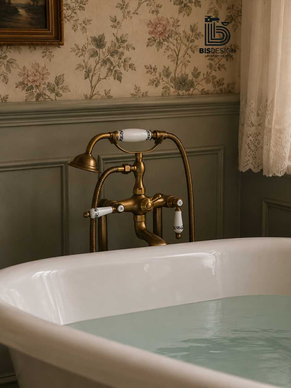 Baterie cadă freestanding bronz antichizat retro cu duș de mână [3]