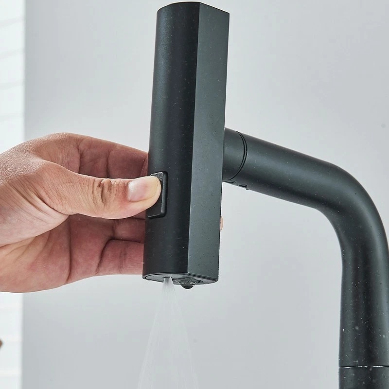 Baterie Chiuvetă BisDesign®, Senzor Temperatură, Duș Extractabil Tip Ploaie, 3 Funcții, Finisaj Negru Mat, 30 cm [8]