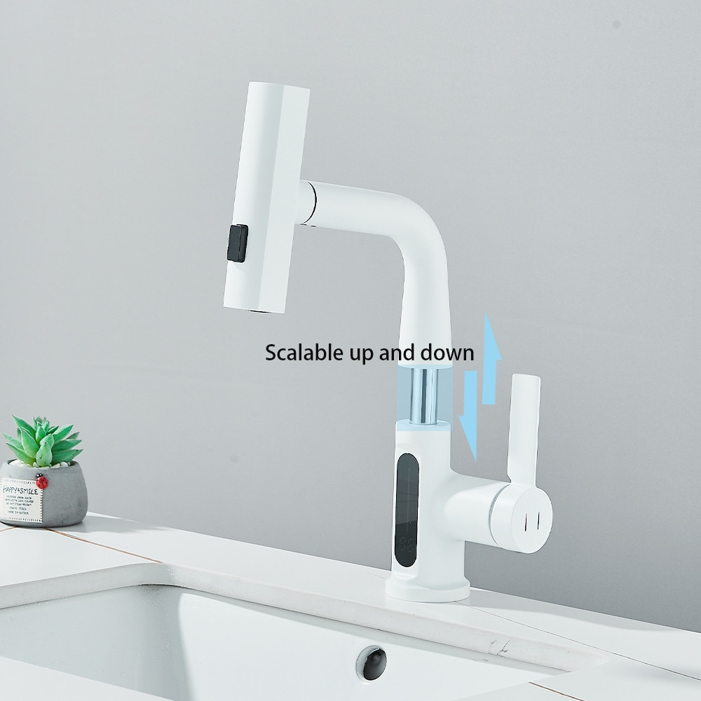 Baterie chiuvetă alb mat 30 cm cu senzor temperatură și duș extractabil 3 funcții [4]