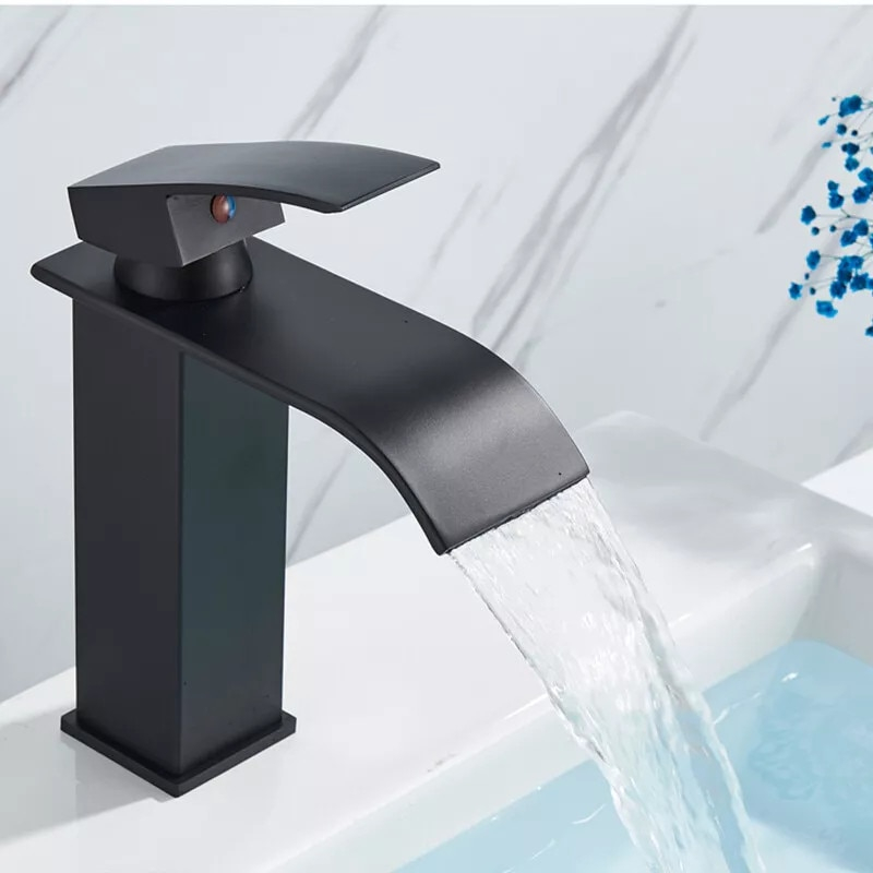 Baterie chiuvetă baie negru mat cu pipă cascadă pătrată 19 cm [4]