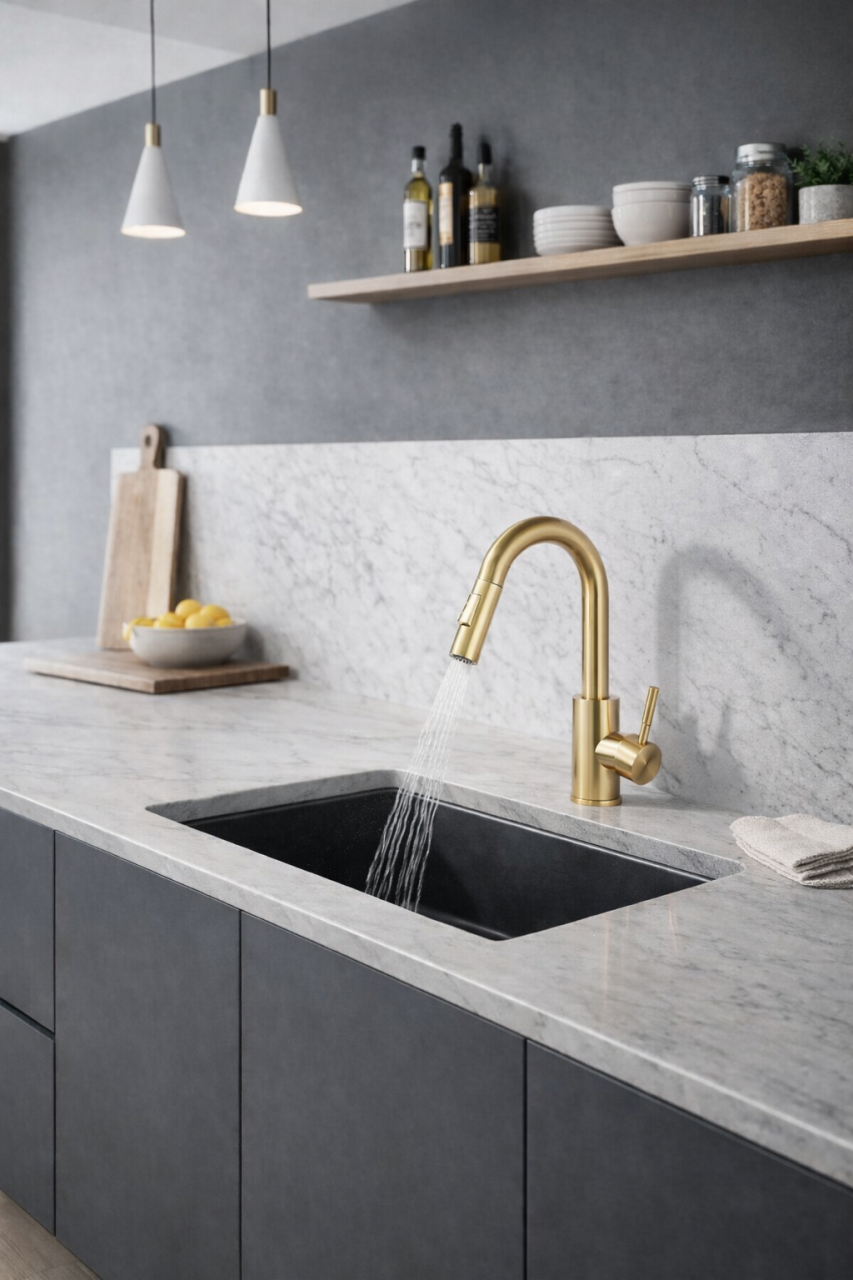 Baterie bucătărie auriu mat 39 cm cu duș extractabil și pipă pivotantă [2]