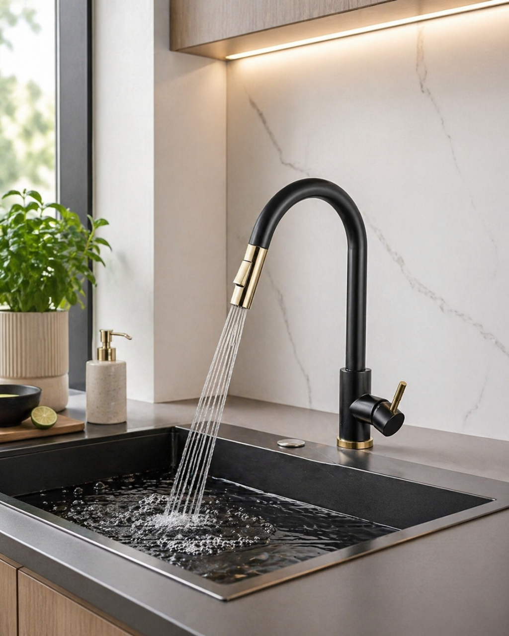 Baterie bucătărie negru mat și auriu cu duș extractabil și 2 funcții [2]