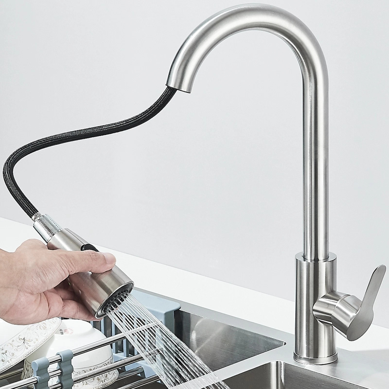 Baterie bucatarie crom nickelat cu dus extractabil 3 functii BisDesign [5]