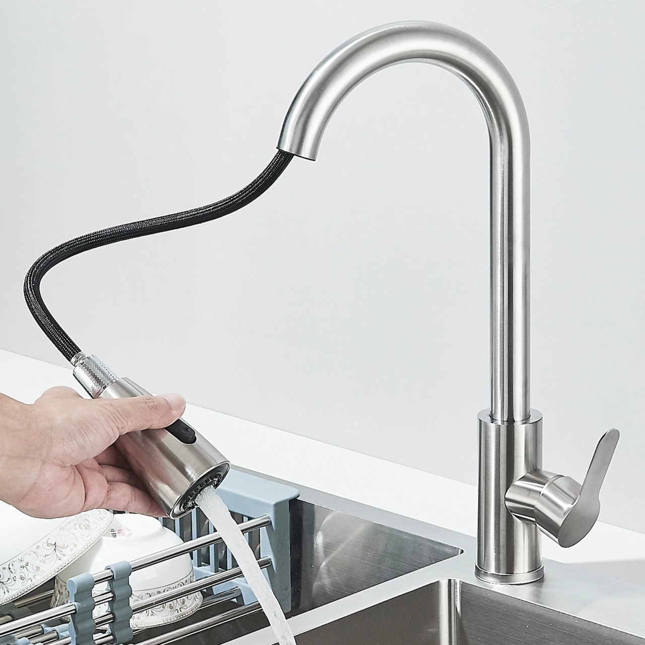 Baterie bucatarie crom nickelat cu dus extractabil 3 functii BisDesign [4]