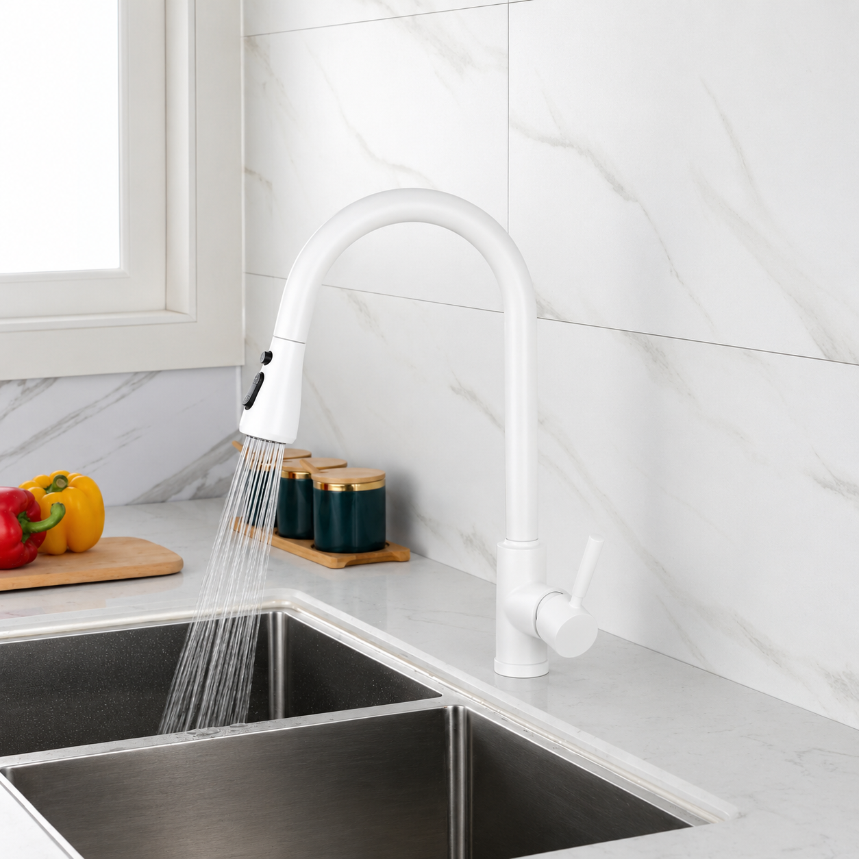 Baterie bucatarie alb mat cu dus extractabil 3 functii BisDesign [3]