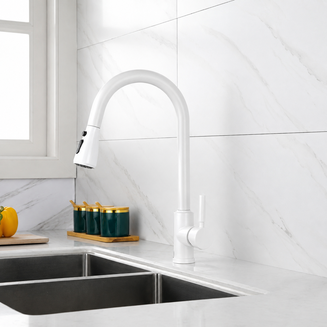 Baterie bucatarie alb mat cu dus extractabil 3 functii BisDesign [4]