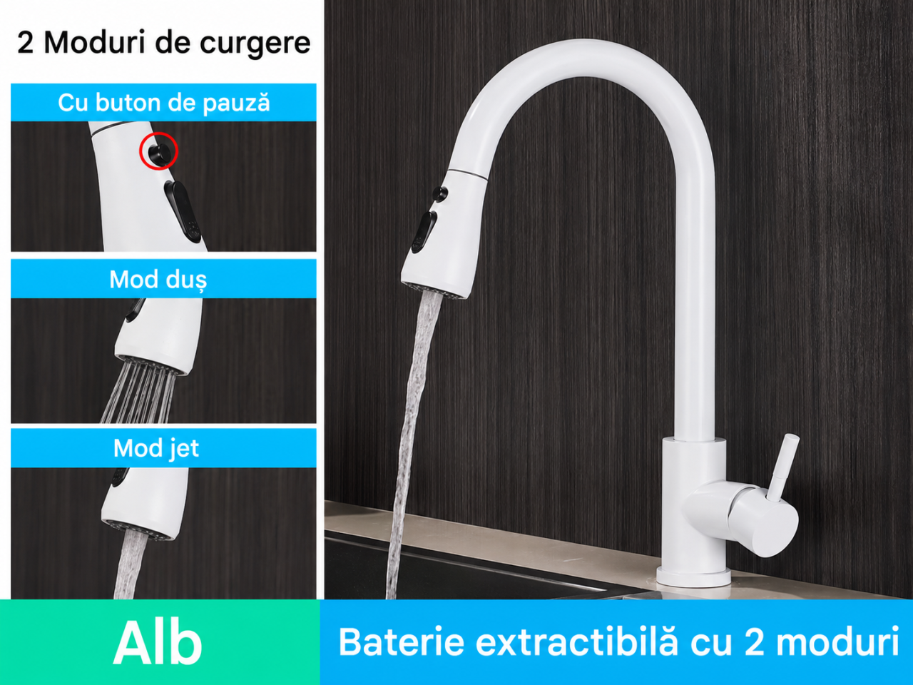 Baterie bucatarie alb mat cu dus extractabil 3 functii BisDesign [5]