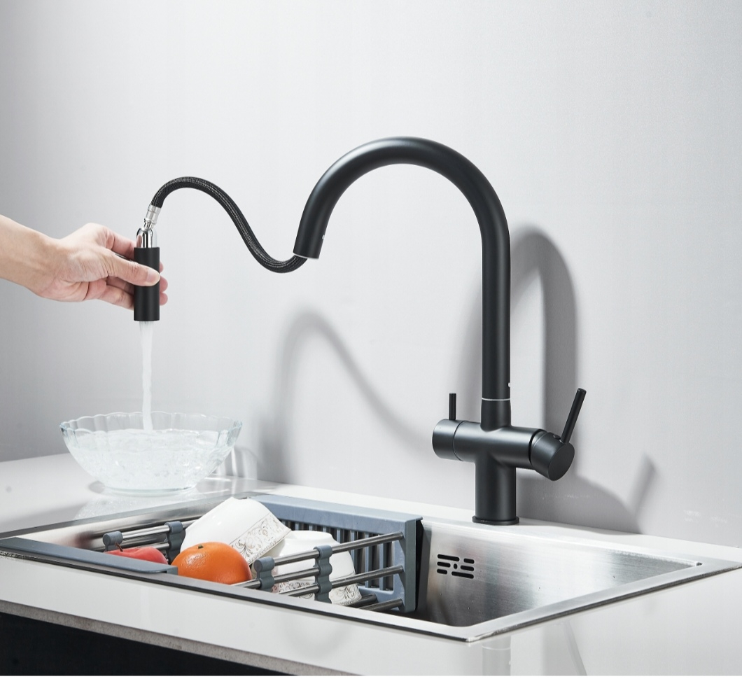 Baterie bucatarie negru mat cu apa filtrata ascunsa si dus extractabil 38 cm BisDesign [3]
