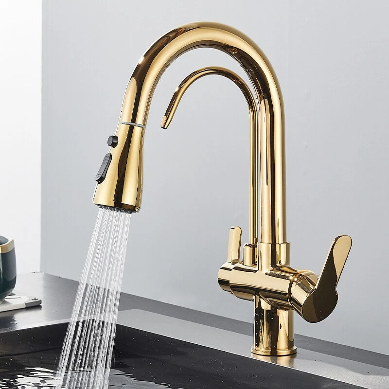 Baterie bucatarie aurie lucioasa cu apa filtrata si dus extractabil 41 cm BisDesign [2]