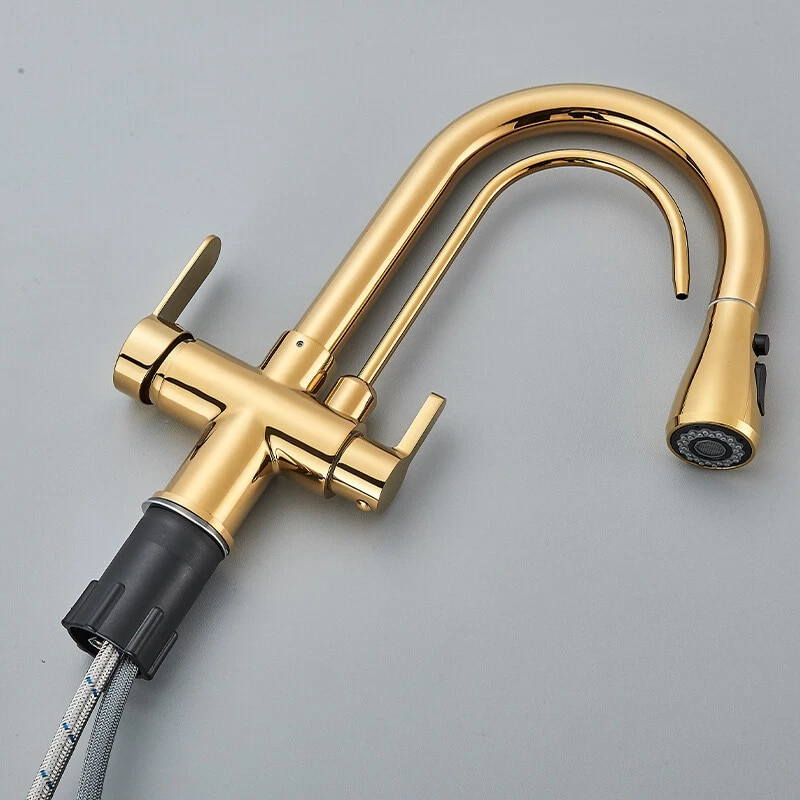 Baterie bucatarie aurie lucioasa cu apa filtrata si dus extractabil 41 cm BisDesign [9]