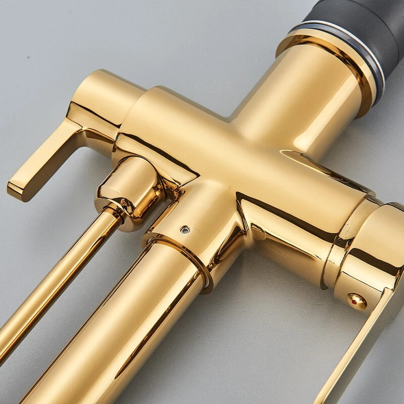 Baterie bucatarie aurie lucioasa cu apa filtrata si dus extractabil 41 cm BisDesign [8]