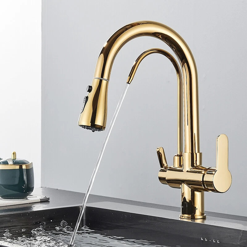 Baterie bucatarie aurie lucioasa cu apa filtrata si dus extractabil 41 cm BisDesign [4]