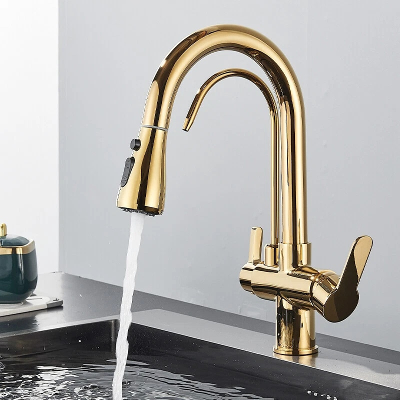 Baterie bucatarie aurie lucioasa cu apa filtrata si dus extractabil 41 cm BisDesign [3]