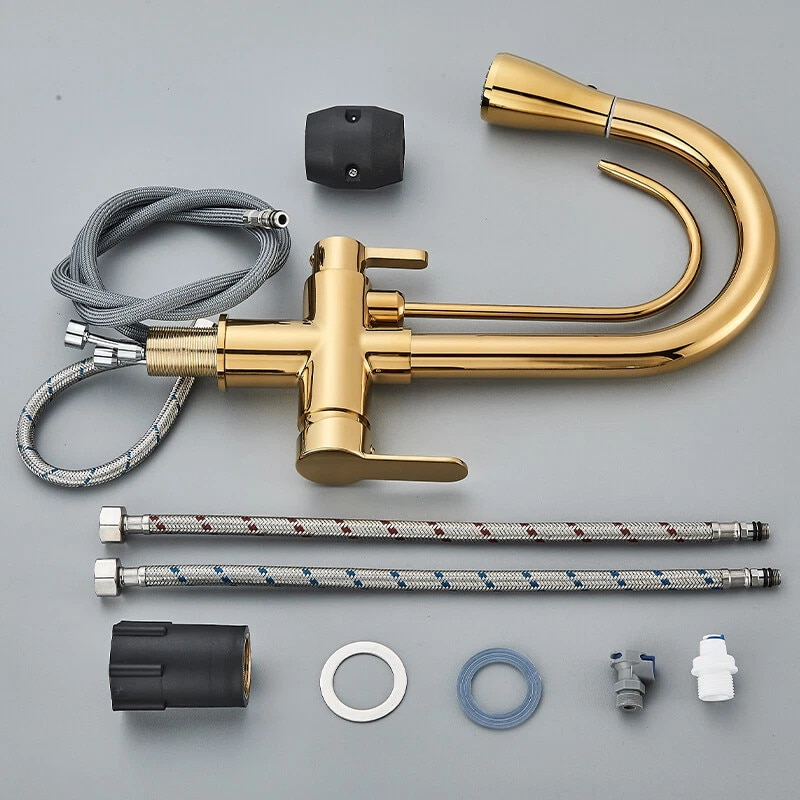 Baterie bucatarie aurie lucioasa cu apa filtrata si dus extractabil 41 cm BisDesign [10]