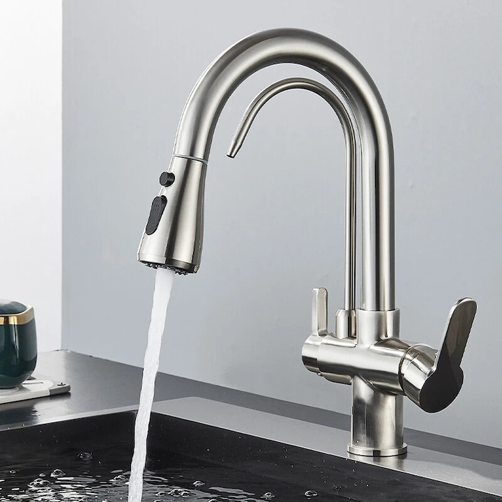 Baterie bucatarie crom nickelat cu apa filtrata si dus extractabil 35 cm BisDesign [2]